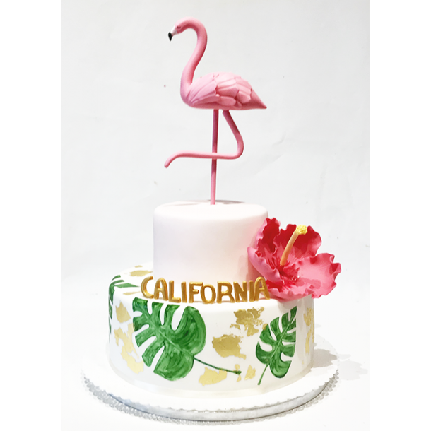Festkage med pink flamingo, hawaii blomst, guld og blade