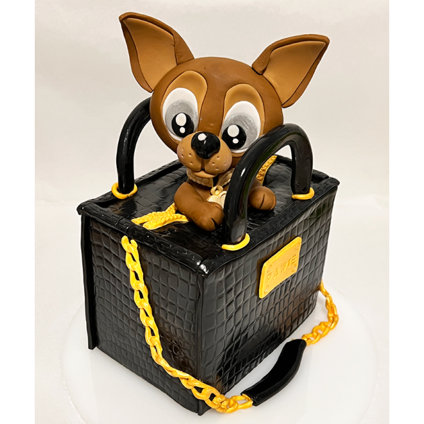 Lille chihuahua hund i sort taske med guld detaljer
