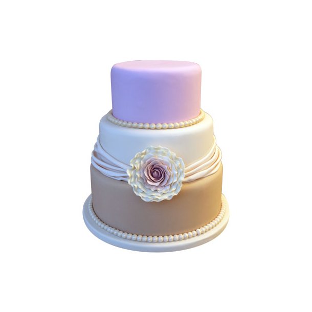 Bryllupskage i pudderfarver med stor rose og drapering